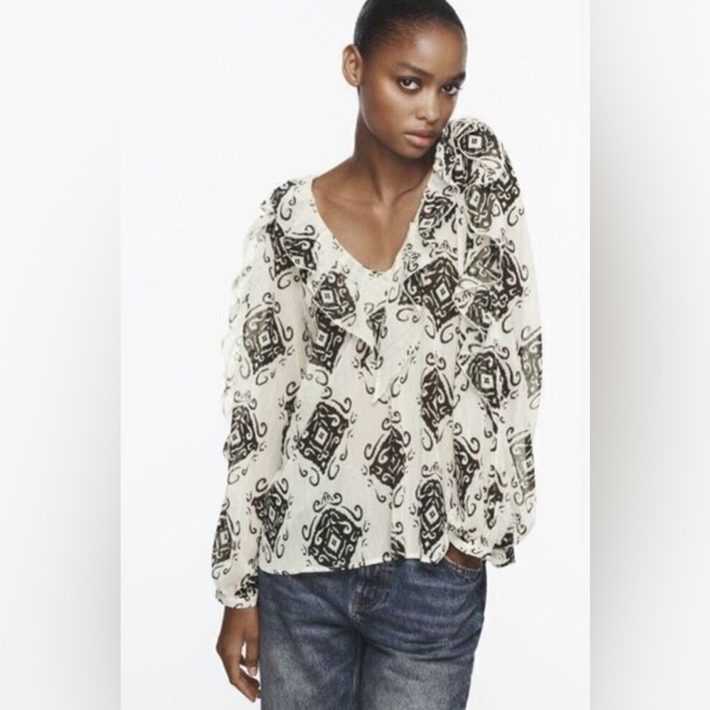 Zara Women’s Ruffled Print Semi-Sheer Blouse (Black & White, Size L, NEW)